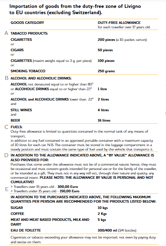 Tabla Exenciones Livigno
